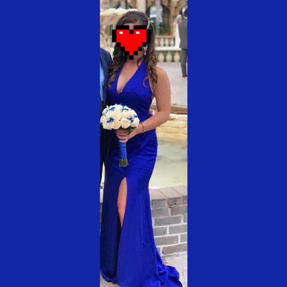 Terani Couture๐Royal Blue Sexy Halter Gown w/Slit - Picture 3 of 5